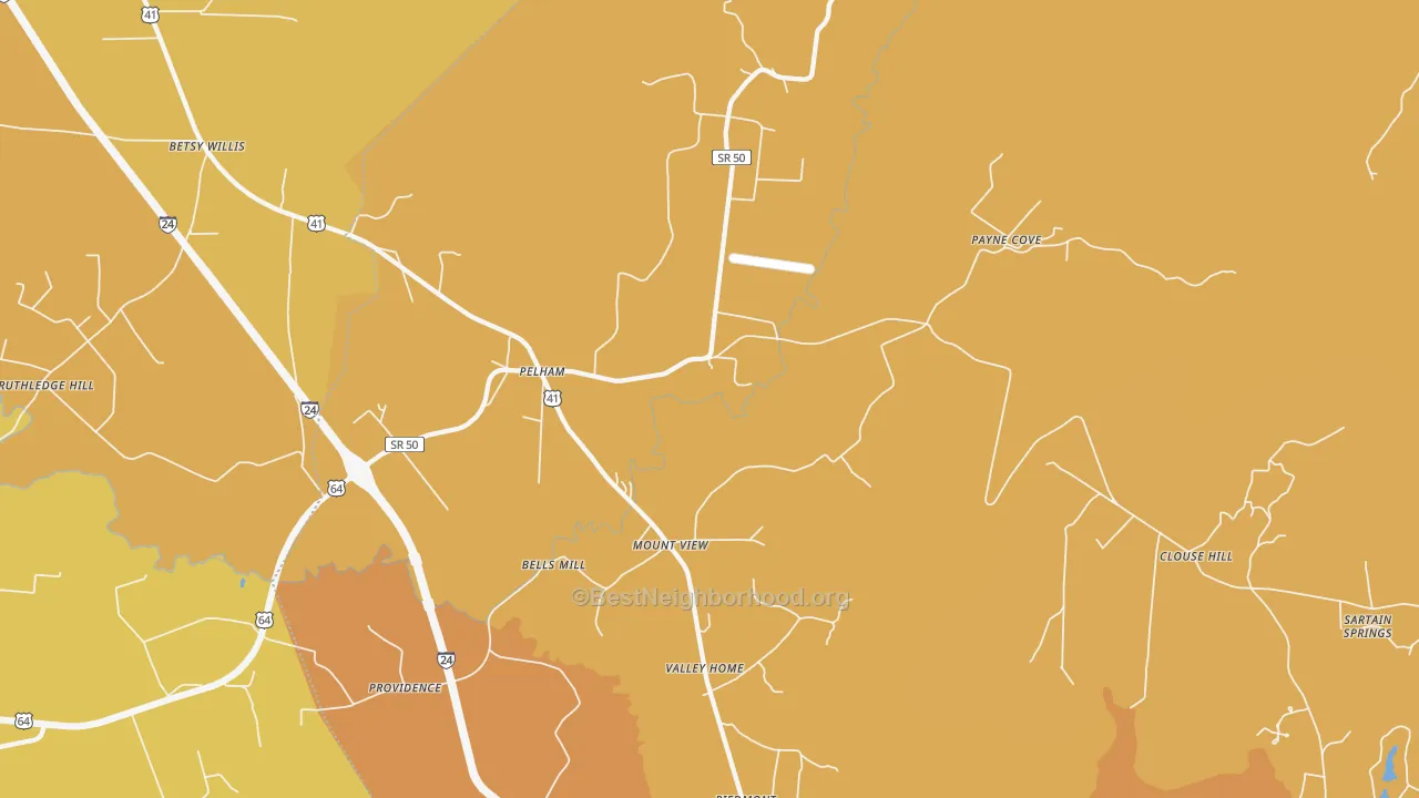 Map of the best neighborhoods in the 37366 area, with better matches in green and worse matches in red