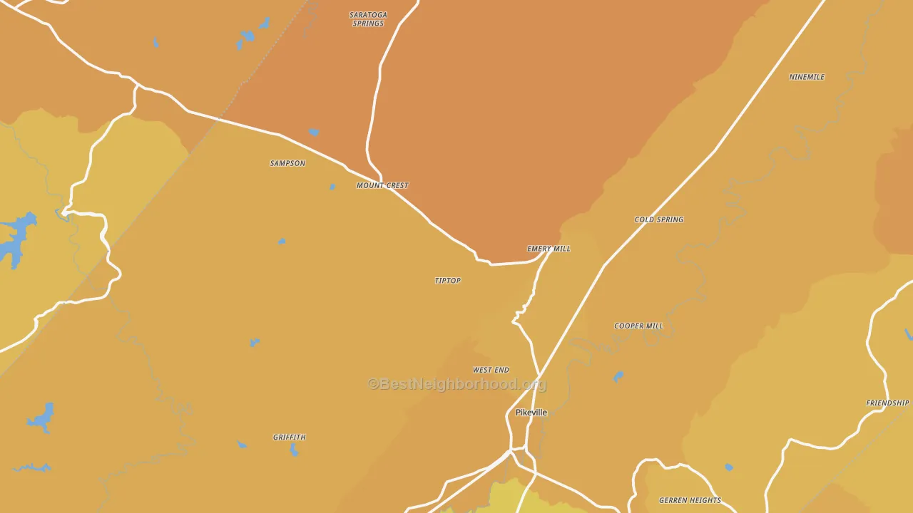 Map of the best neighborhoods in the 37367 area, with better matches in green and worse matches in red