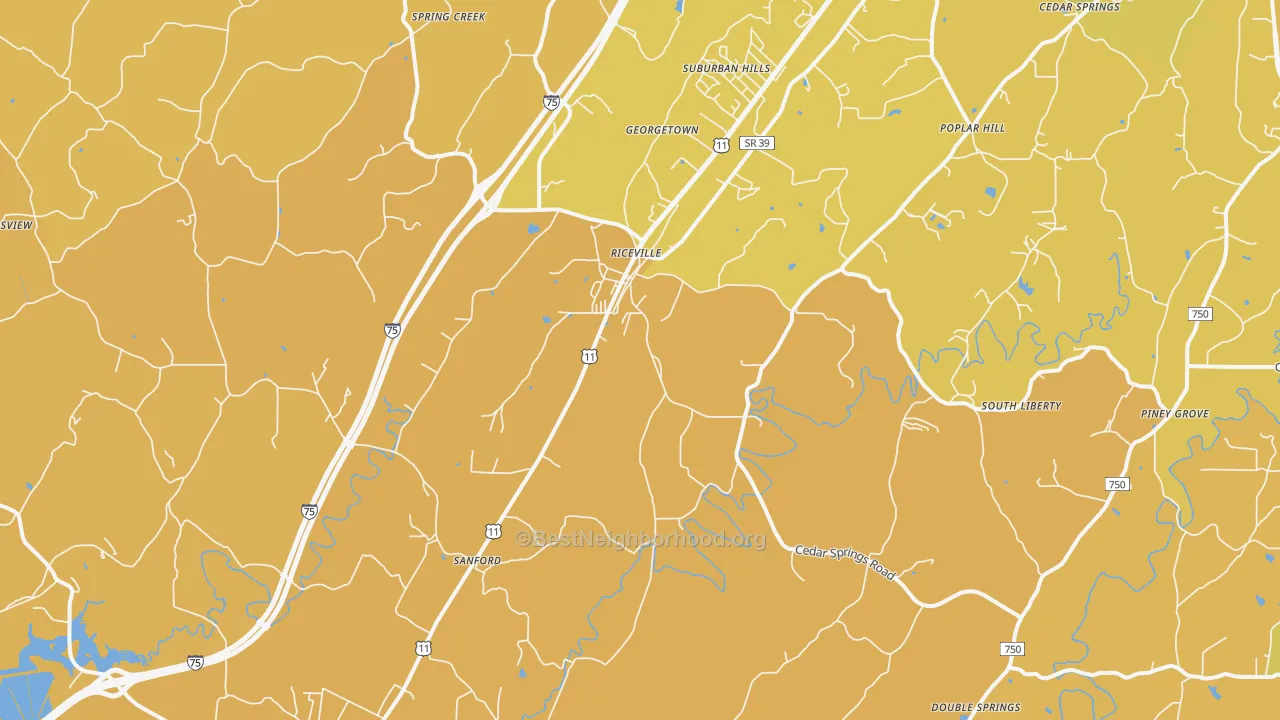 Map of the best neighborhoods in the 37370 area, with better matches in green and worse matches in red