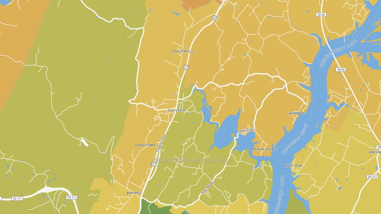 Map of the best neighborhoods in the 37373 area, with better matches in green and worse matches in red