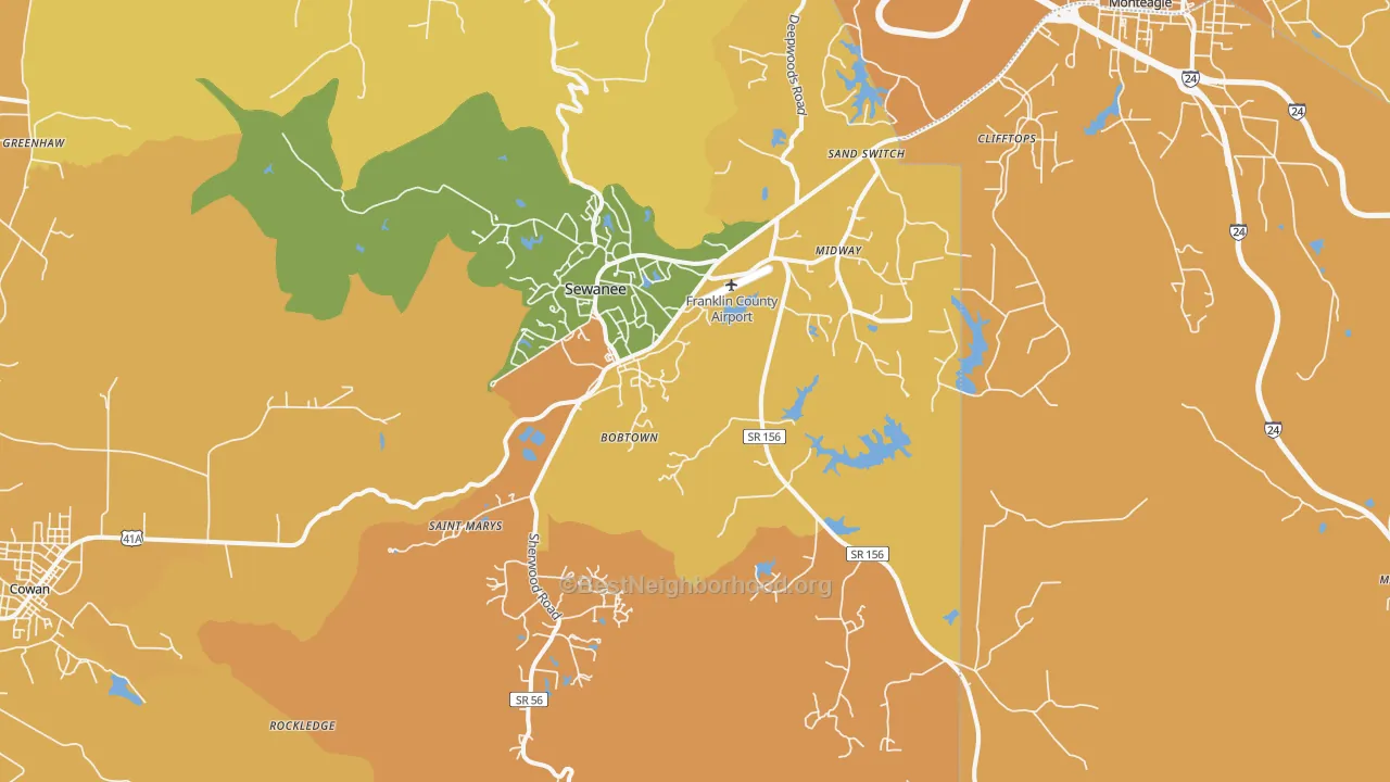 Map of the best neighborhoods in the 37375 area, with better matches in green and worse matches in red