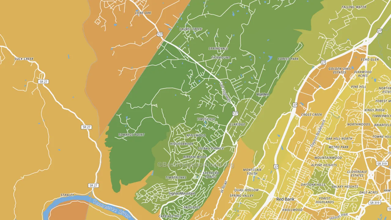 Map of the best neighborhoods in the 37377 area, with better matches in green and worse matches in red