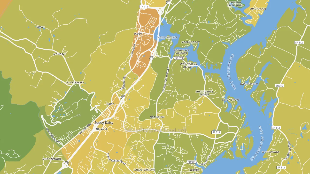 Map of the best neighborhoods in the 37379 area, with better matches in green and worse matches in red