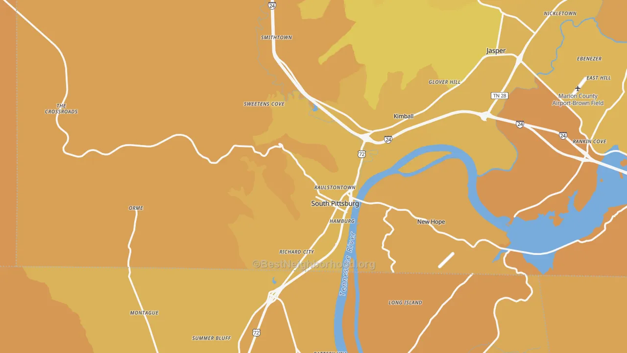 Map of the best neighborhoods in the 37380 area, with better matches in green and worse matches in red