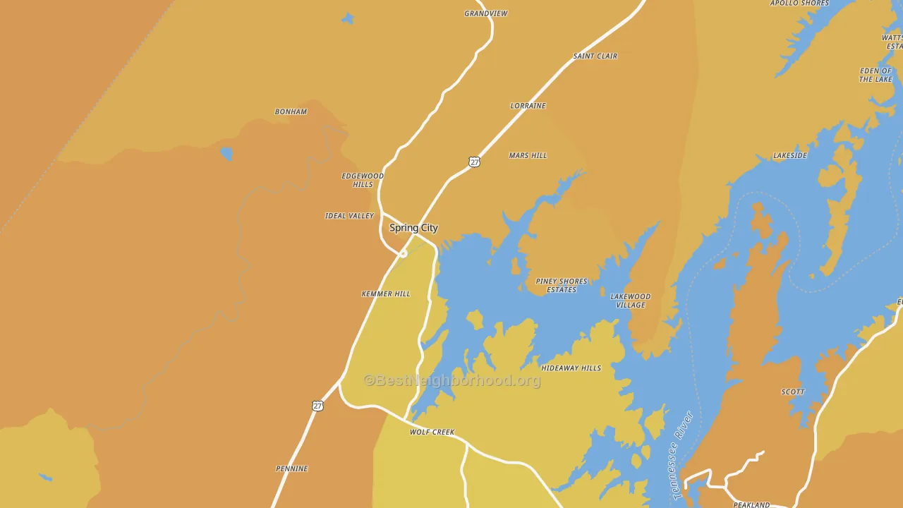 Map of the best neighborhoods in the 37381 area, with better matches in green and worse matches in red