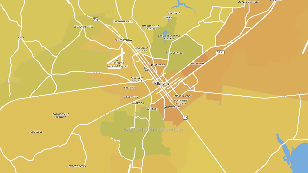 Map of the best neighborhoods in the 37388 area, with better matches in green and worse matches in red