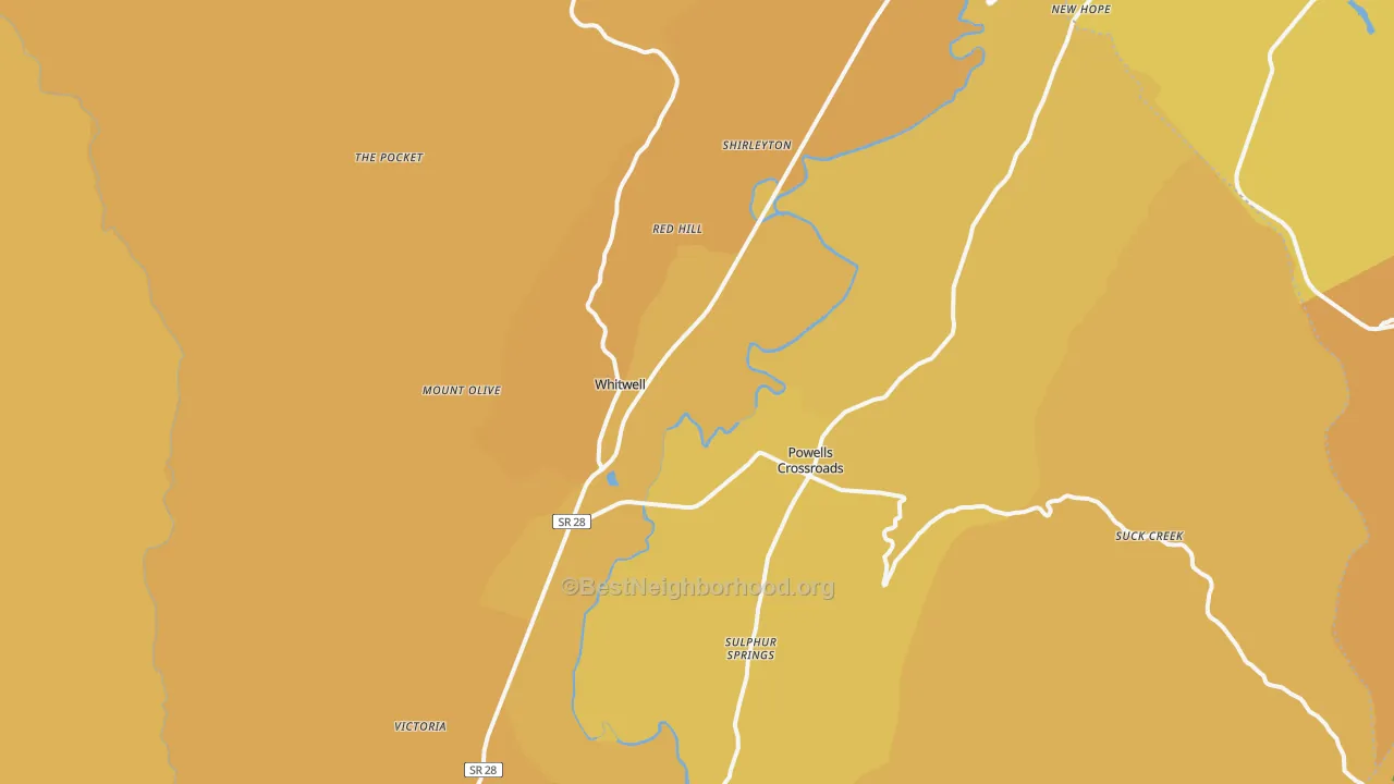 Map of the best neighborhoods in the 37397 area, with better matches in green and worse matches in red