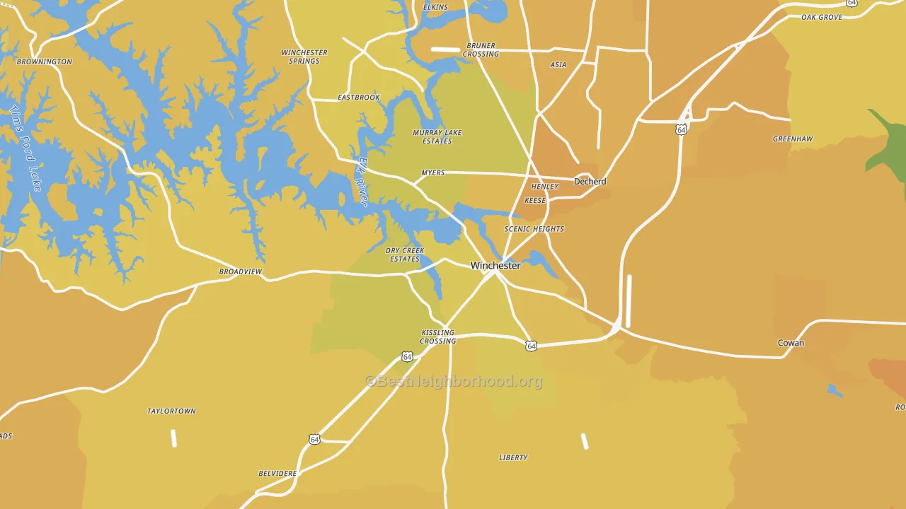 Map of the best neighborhoods in the 37398 area, with better matches in green and worse matches in red