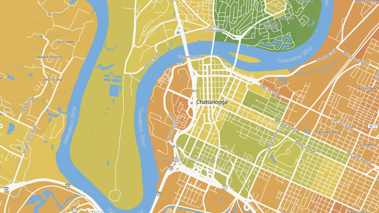 Map of the best neighborhoods in the 37402 area, with better matches in green and worse matches in red
