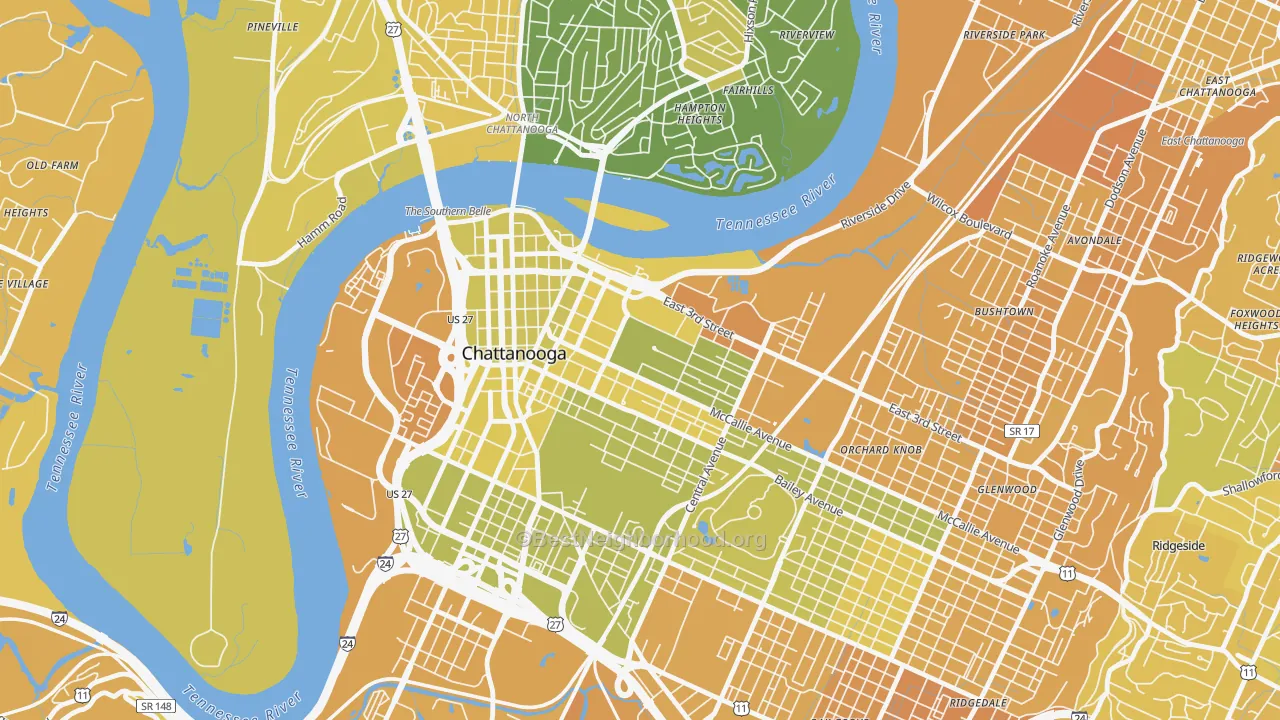 Map of the best neighborhoods in the 37403 area, with better matches in green and worse matches in red