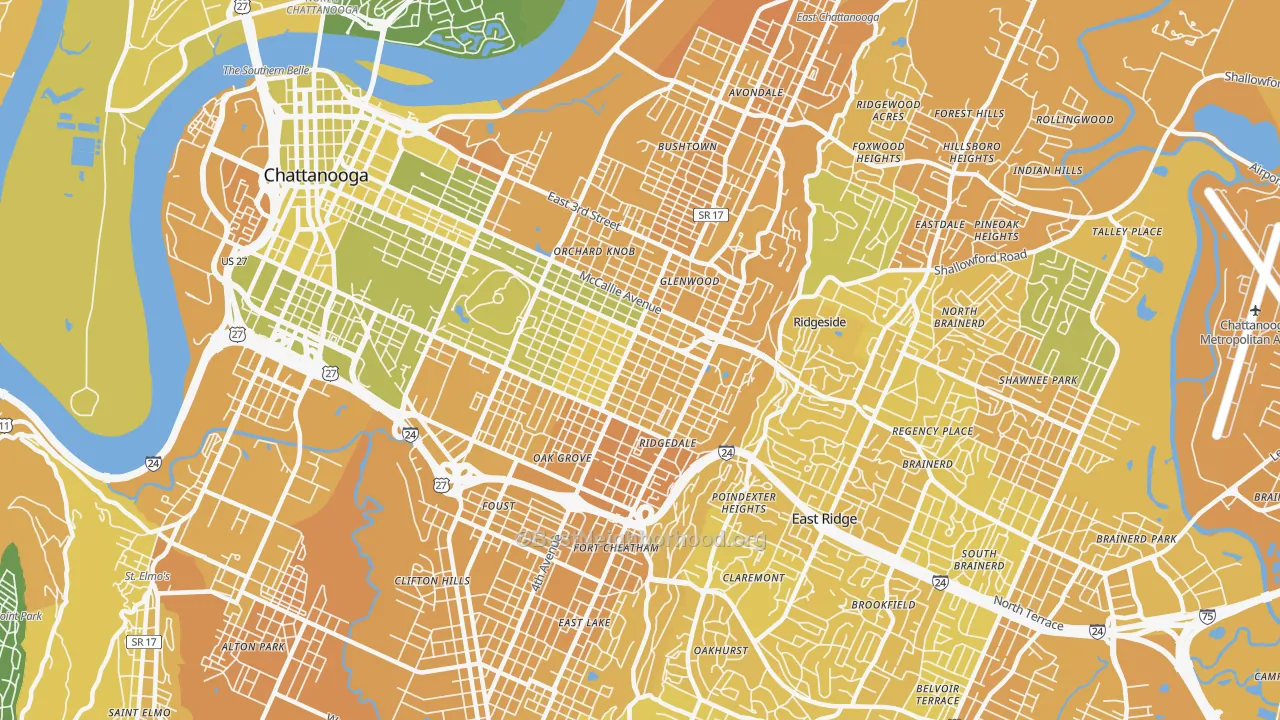 Map of the best neighborhoods in the 37404 area, with better matches in green and worse matches in red