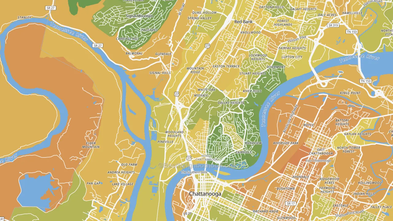 Map of the best neighborhoods in the 37405 area, with better matches in green and worse matches in red