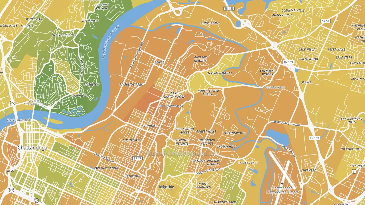Map of the best neighborhoods in the 37406 area, with better matches in green and worse matches in red