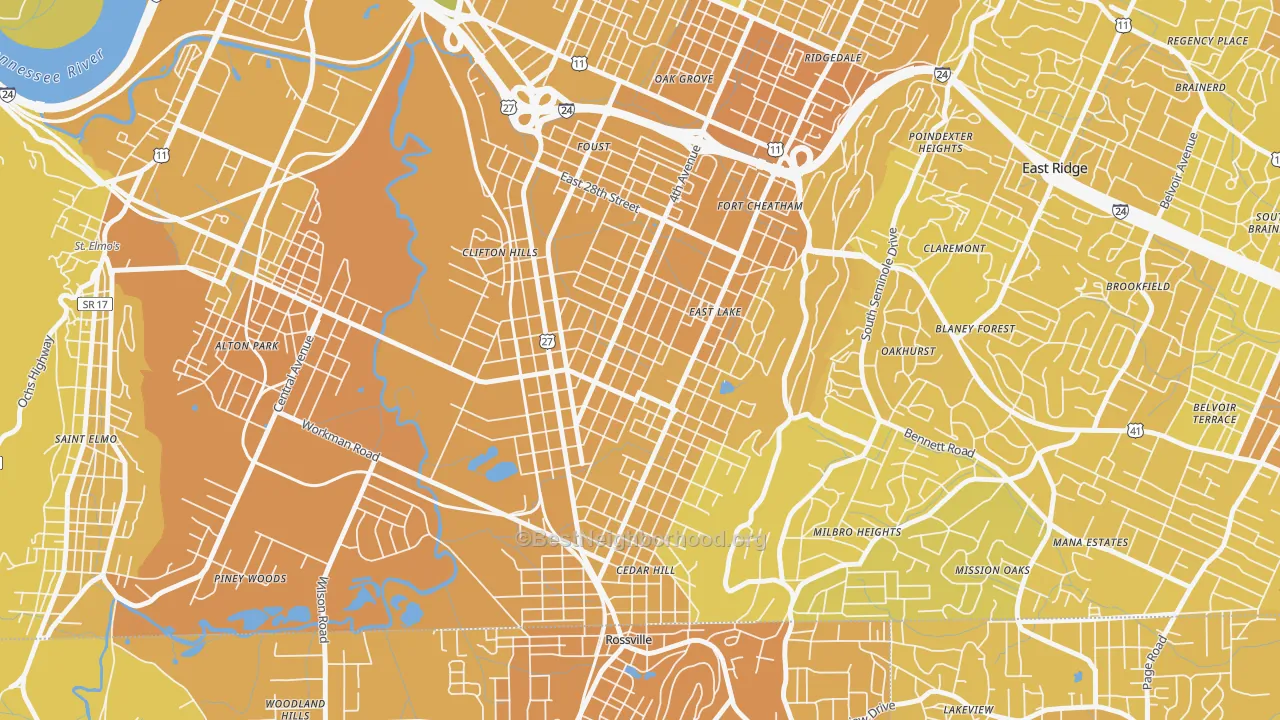 Map of the best neighborhoods in the 37407 area, with better matches in green and worse matches in red