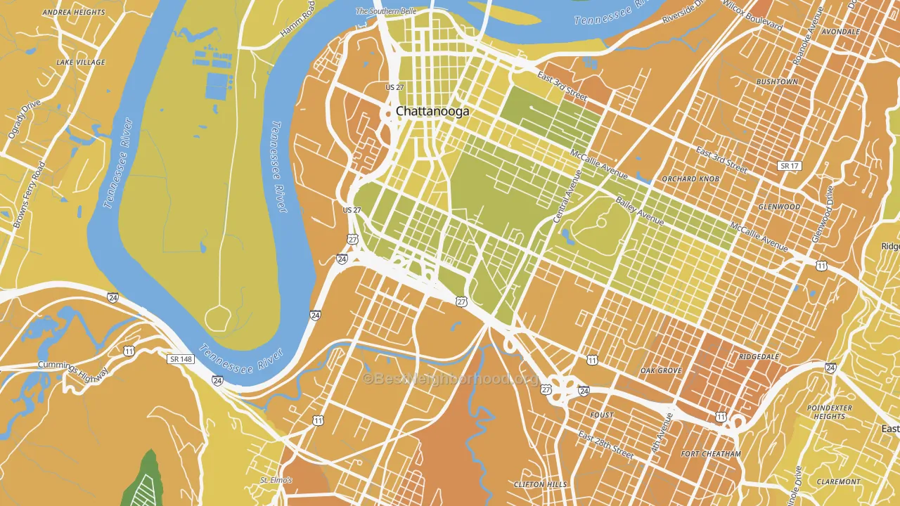 Map of the best neighborhoods in the 37408 area, with better matches in green and worse matches in red