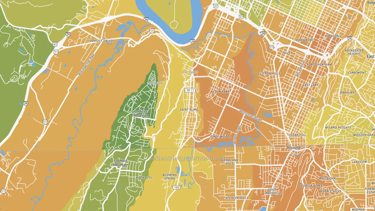Map of the best neighborhoods in the 37409 area, with better matches in green and worse matches in red