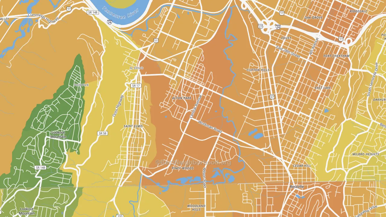 Map of the best neighborhoods in the 37410 area, with better matches in green and worse matches in red