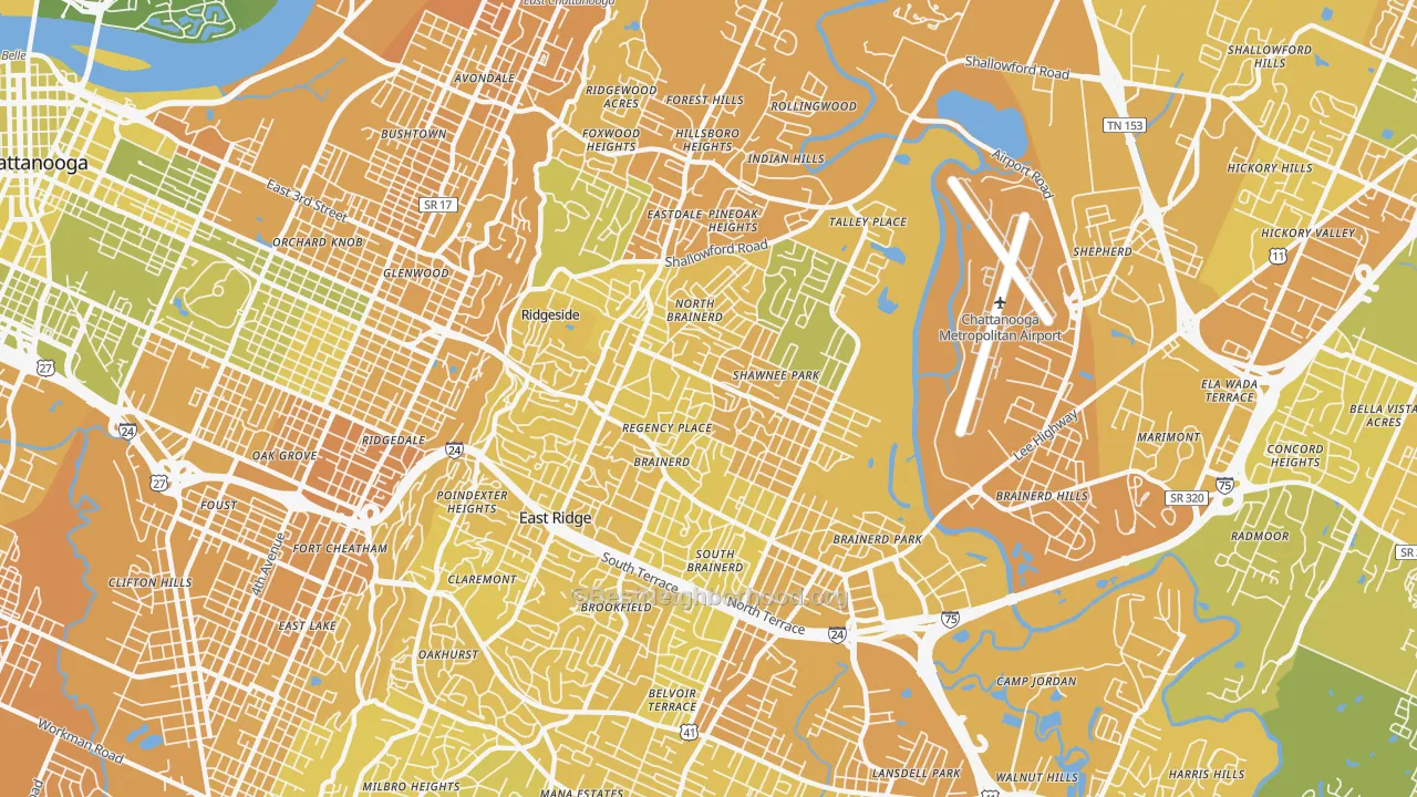 Map of the best neighborhoods in the 37411 area, with better matches in green and worse matches in red
