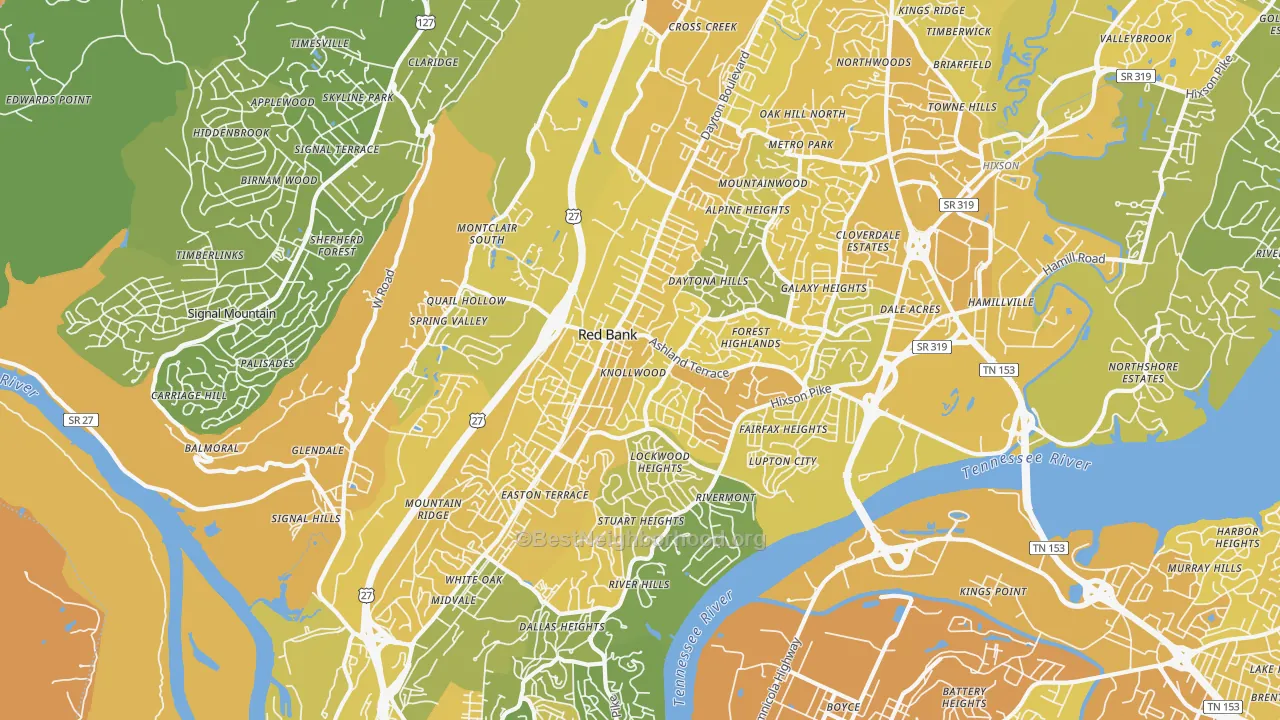 Map of the best neighborhoods in the 37415 area, with better matches in green and worse matches in red