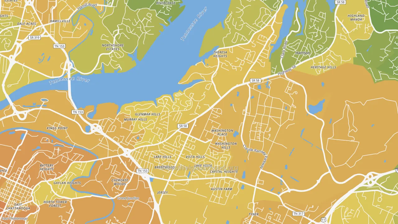 Map of the best neighborhoods in the 37416 area, with better matches in green and worse matches in red