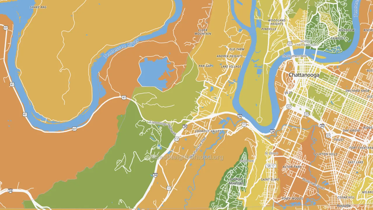 Map of the best neighborhoods in the 37419 area, with better matches in green and worse matches in red