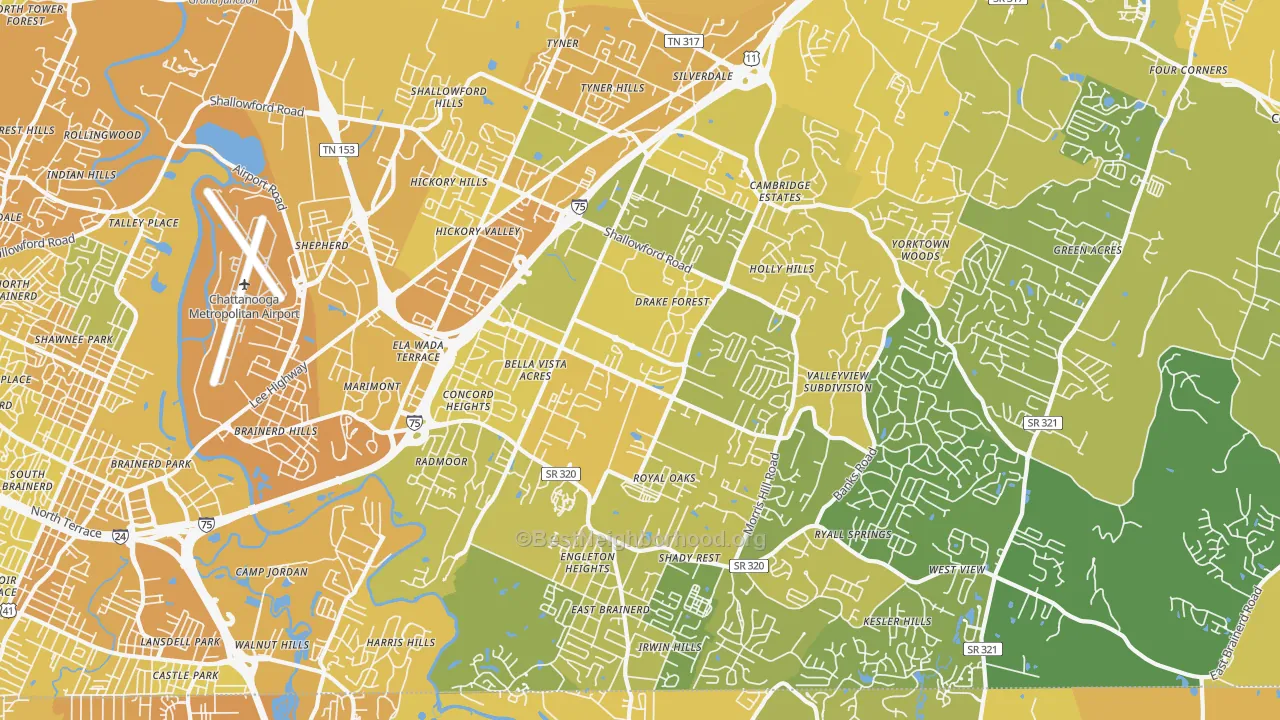Map of the best neighborhoods in the 37421 area, with better matches in green and worse matches in red