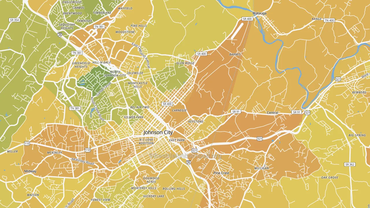 Map of the best neighborhoods in the 37601 area, with better matches in green and worse matches in red