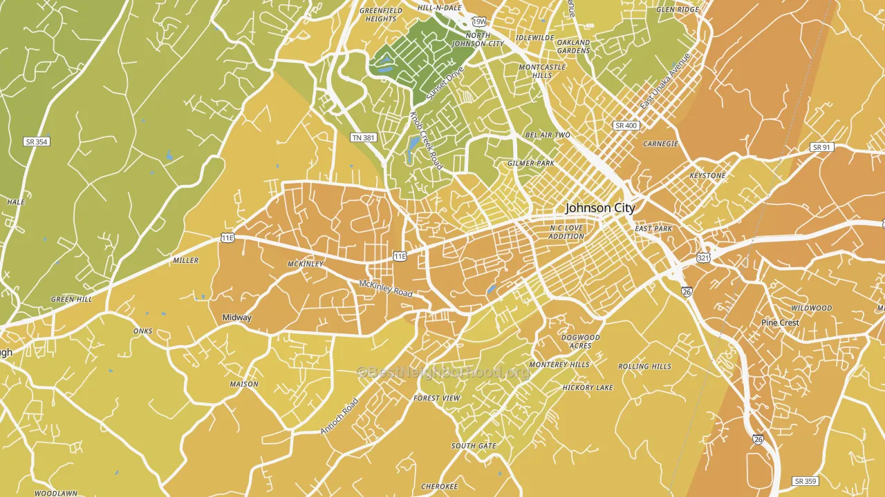 Map of the best neighborhoods in the 37604 area, with better matches in green and worse matches in red