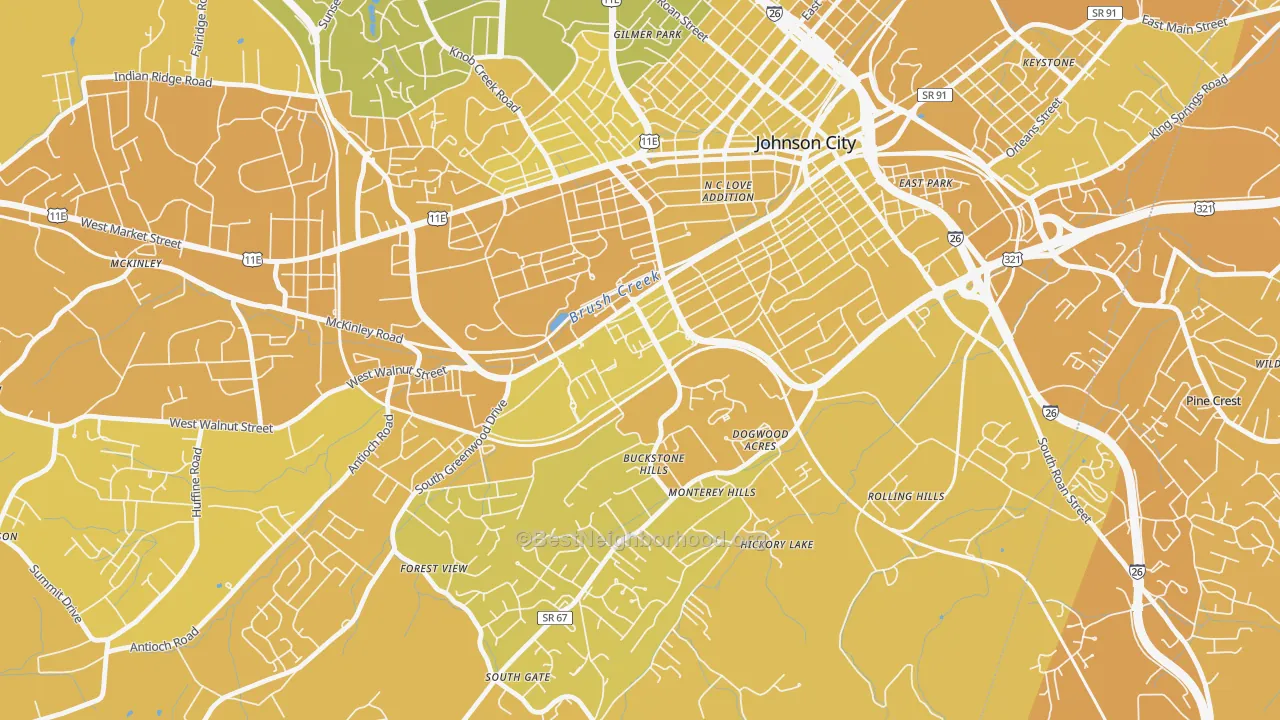 Map of the best neighborhoods in the 37614 area, with better matches in green and worse matches in red