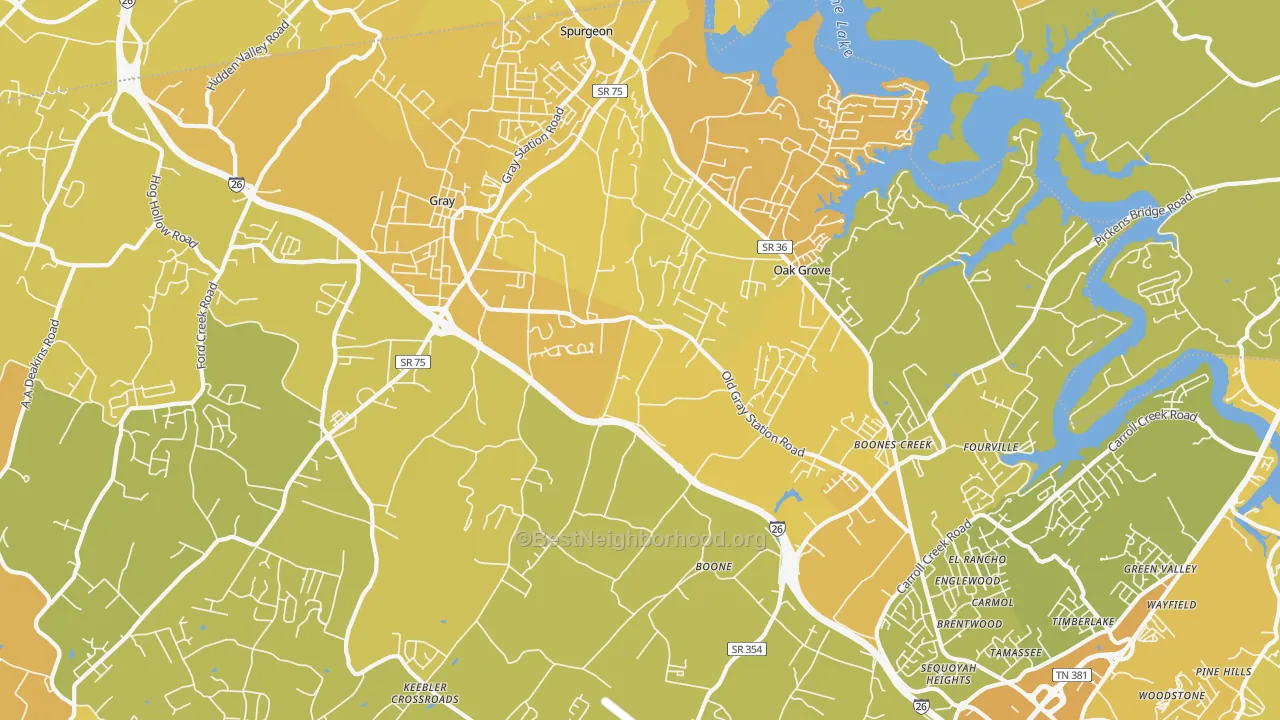 Map of the best neighborhoods in the 37615 area, with better matches in green and worse matches in red