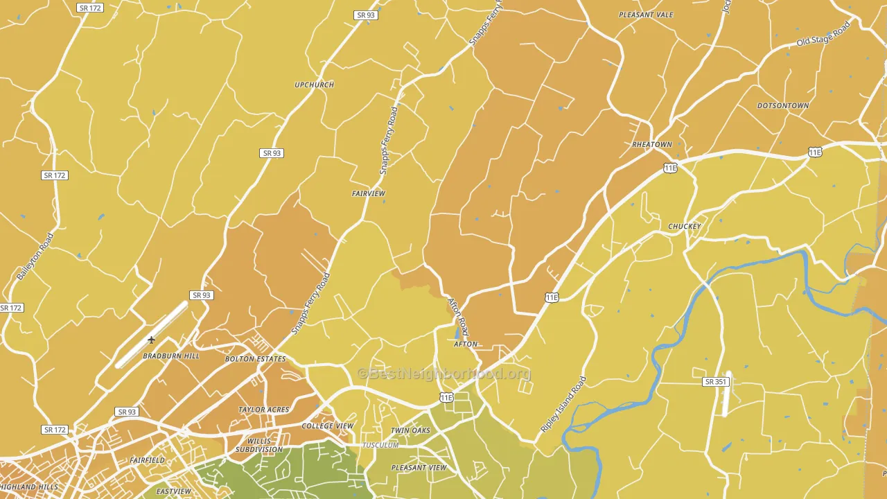 Map of the best neighborhoods in the 37616 area, with better matches in green and worse matches in red
