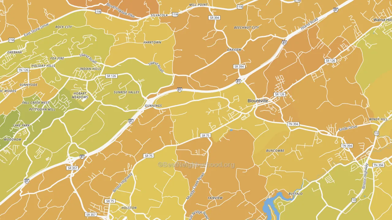 Map of the best neighborhoods in the 37617 area, with better matches in green and worse matches in red