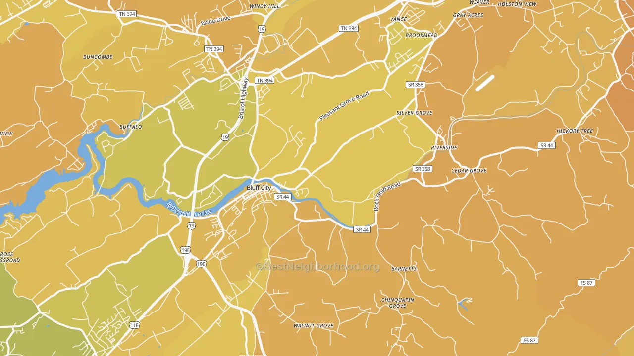 Map of the best neighborhoods in the 37618 area, with better matches in green and worse matches in red