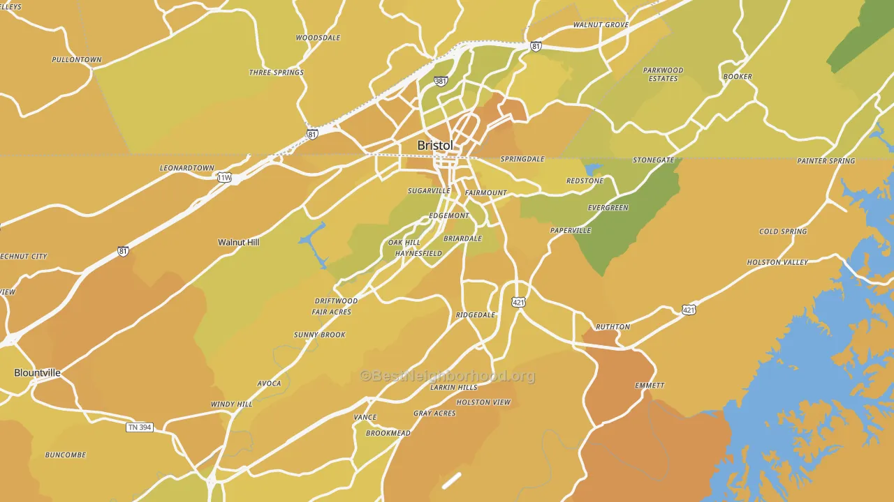 Map of the best neighborhoods in the 37620 area, with better matches in green and worse matches in red