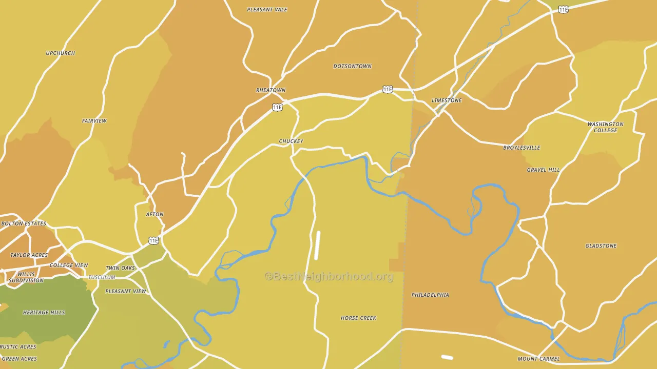 Map of the best neighborhoods in the 37641 area, with better matches in green and worse matches in red