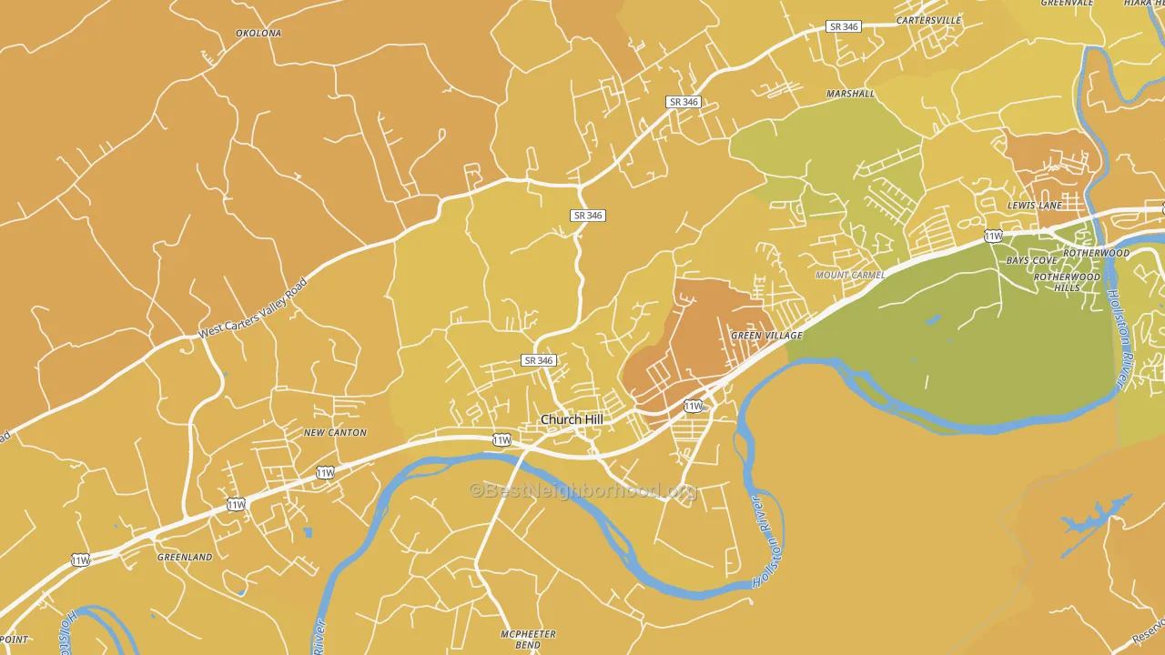 Map of the best neighborhoods in the 37642 area, with better matches in green and worse matches in red