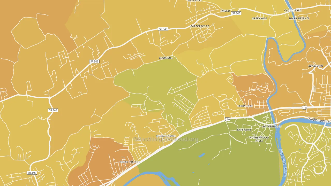 Map of the best neighborhoods in the 37645 area, with better matches in green and worse matches in red
