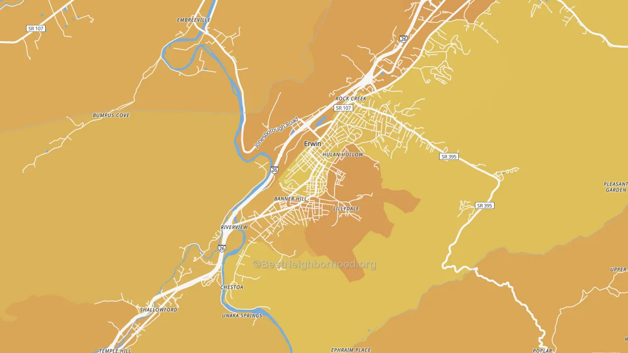 Map of the best neighborhoods in the 37650 area, with better matches in green and worse matches in red