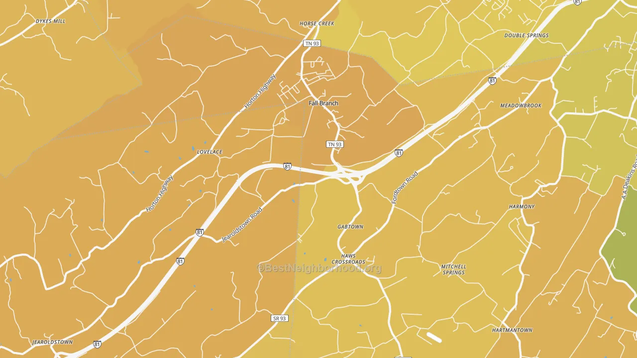 Map of the best neighborhoods in the 37656 area, with better matches in green and worse matches in red