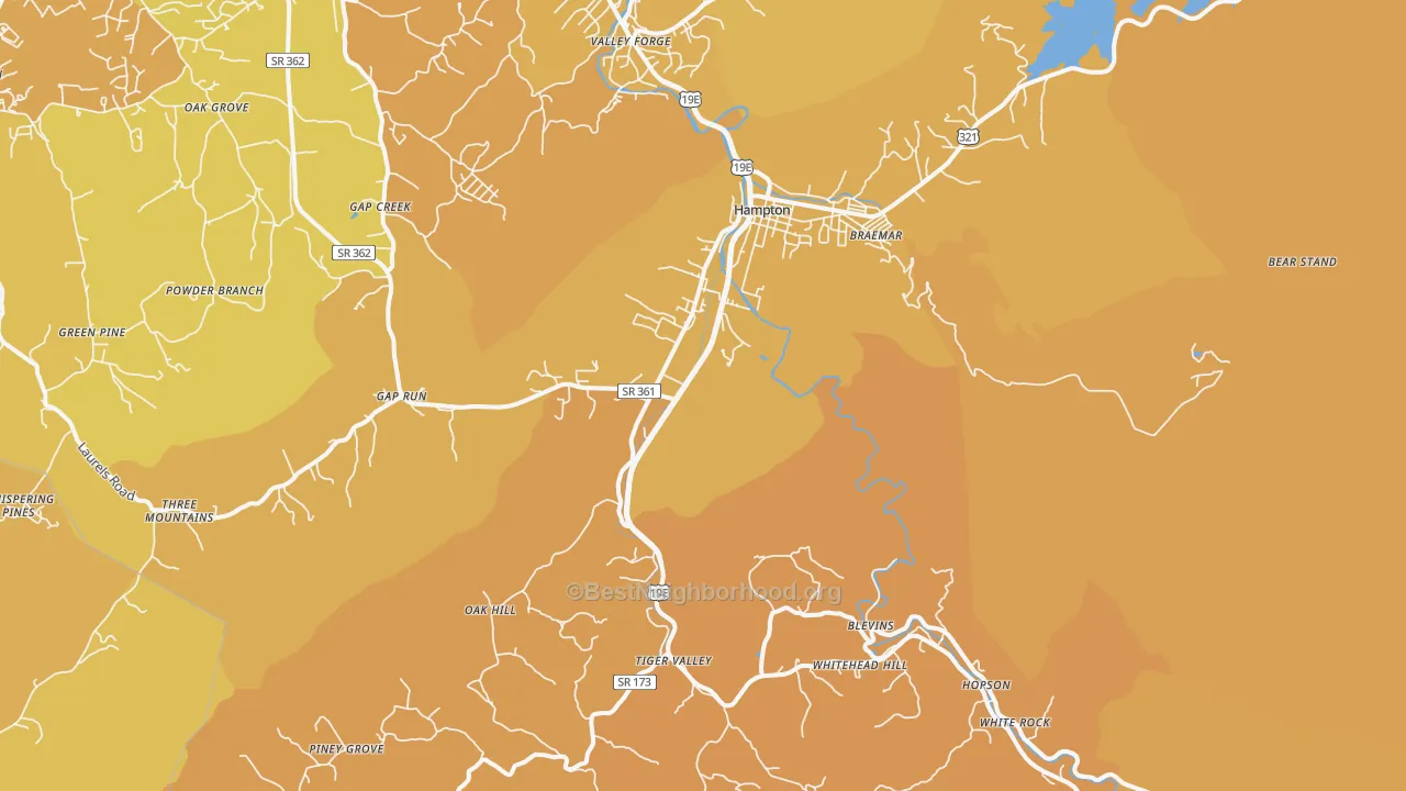 Map of the best neighborhoods in the 37658 area, with better matches in green and worse matches in red