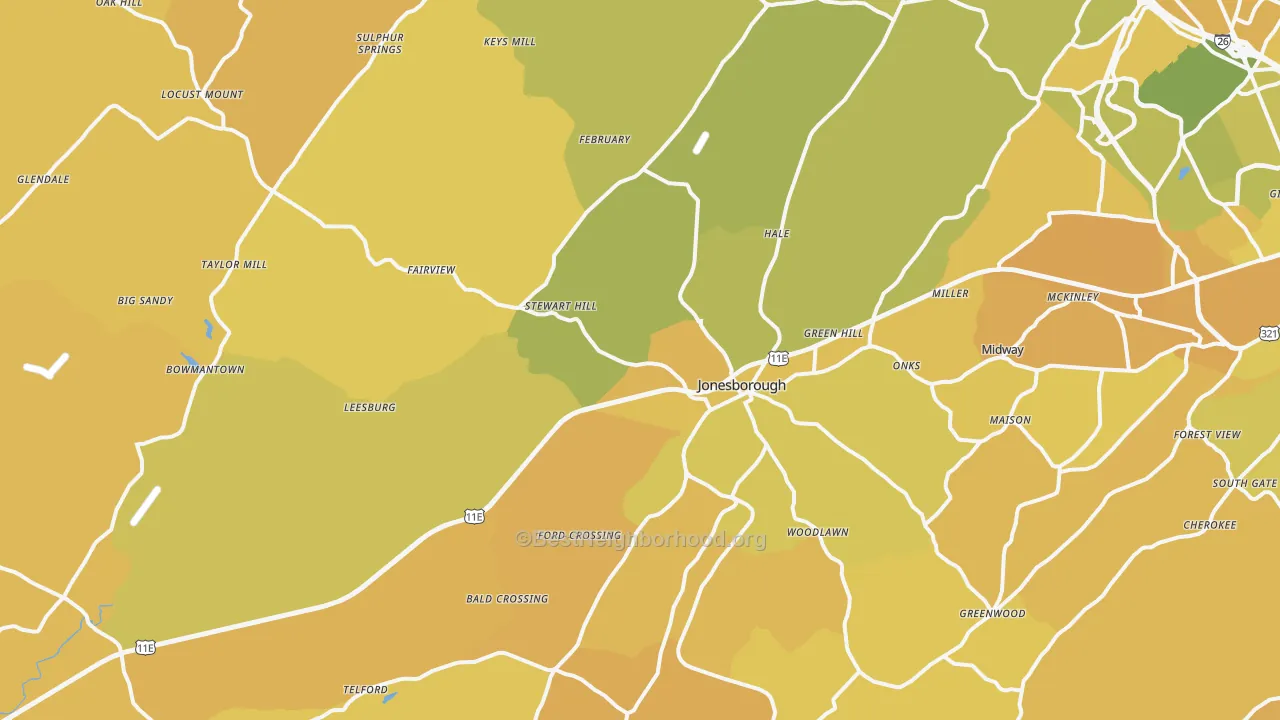 Map of the best neighborhoods in the 37659 area, with better matches in green and worse matches in red
