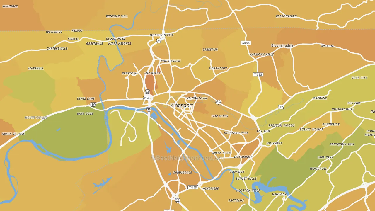 Map of the best neighborhoods in the 37660 area, with better matches in green and worse matches in red