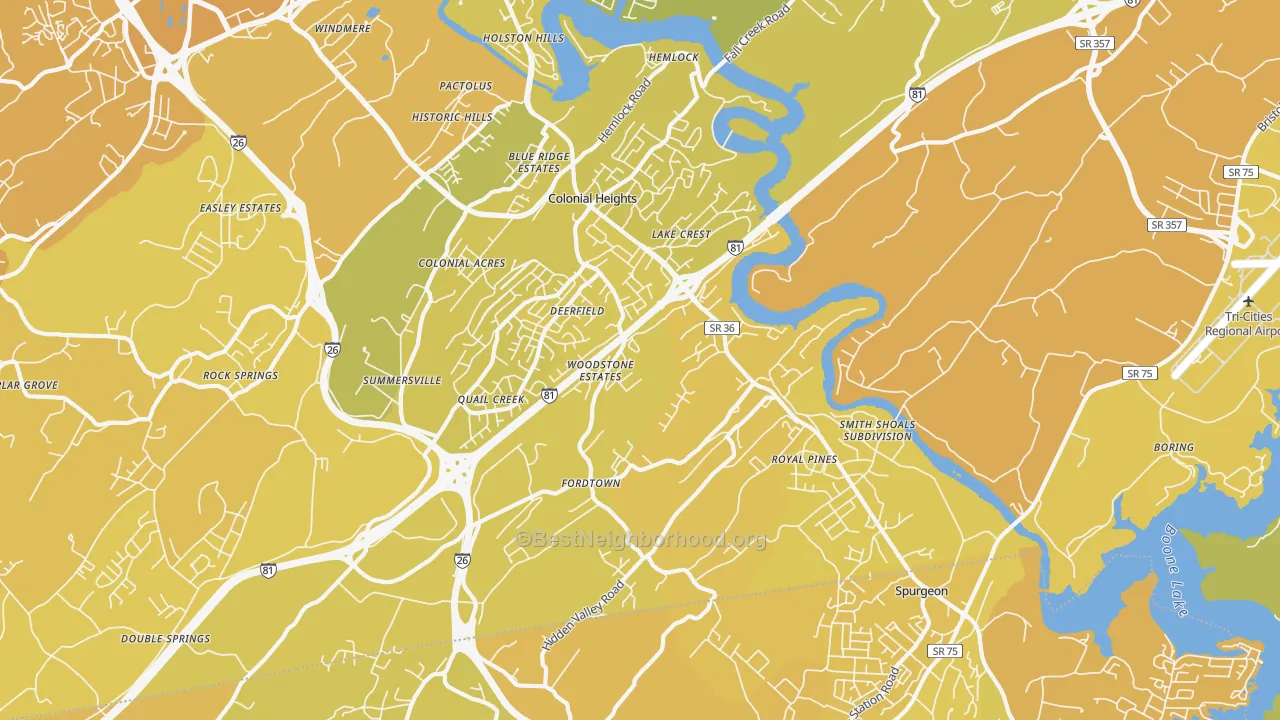 Map of the best neighborhoods in the 37663 area, with better matches in green and worse matches in red