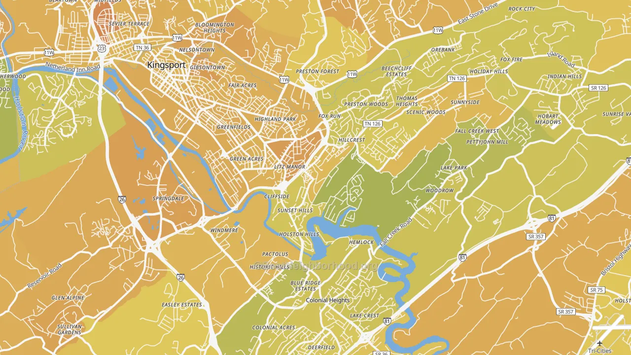 Map of the best neighborhoods in the 37664 area, with better matches in green and worse matches in red