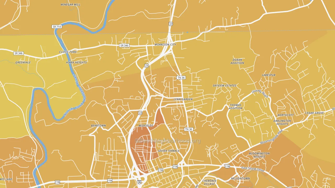 Map of the best neighborhoods in the 37665 area, with better matches in green and worse matches in red