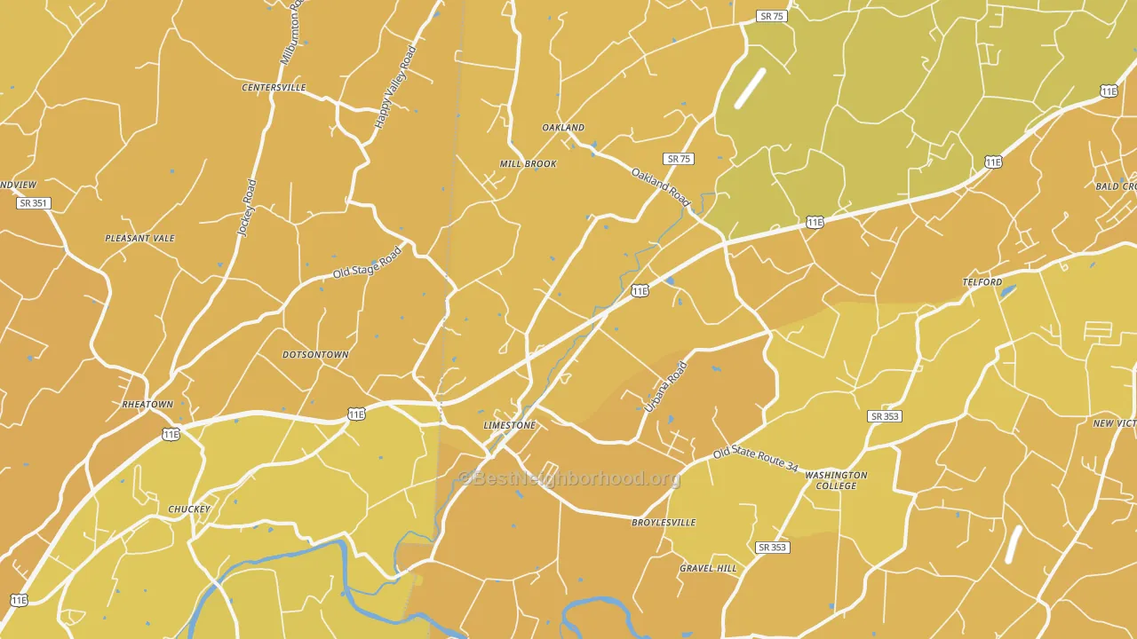 Map of the best neighborhoods in the 37681 area, with better matches in green and worse matches in red