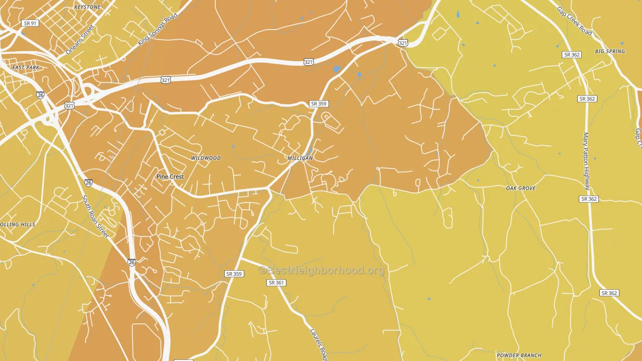 Map of the best neighborhoods in the 37682 area, with better matches in green and worse matches in red