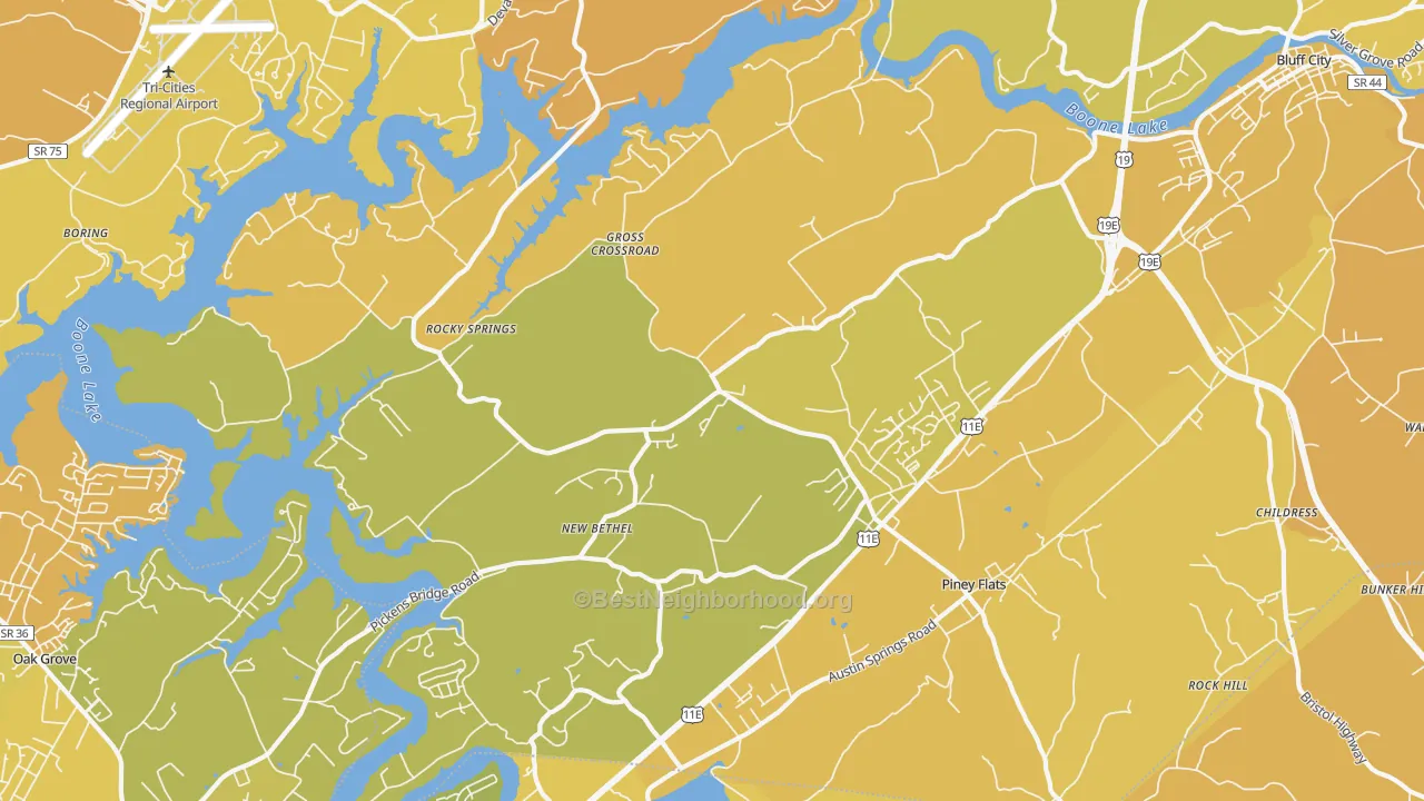 Map of the best neighborhoods in the 37686 area, with better matches in green and worse matches in red