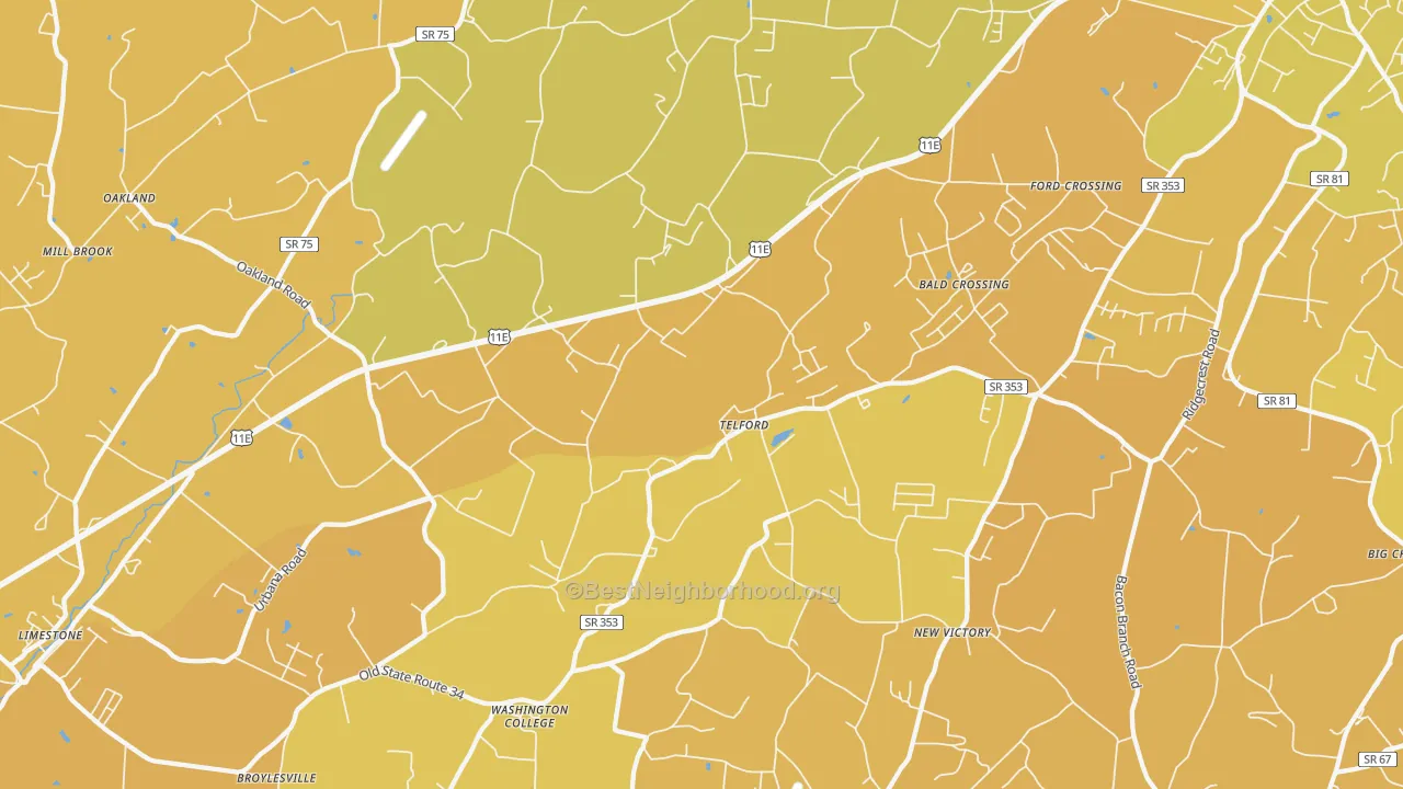 Map of the best neighborhoods in the 37690 area, with better matches in green and worse matches in red