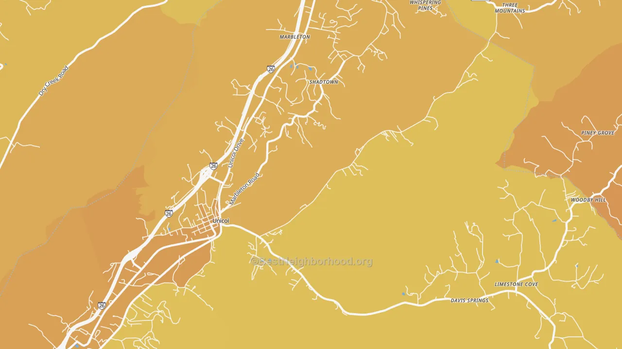 Map of the best neighborhoods in the 37692 area, with better matches in green and worse matches in red